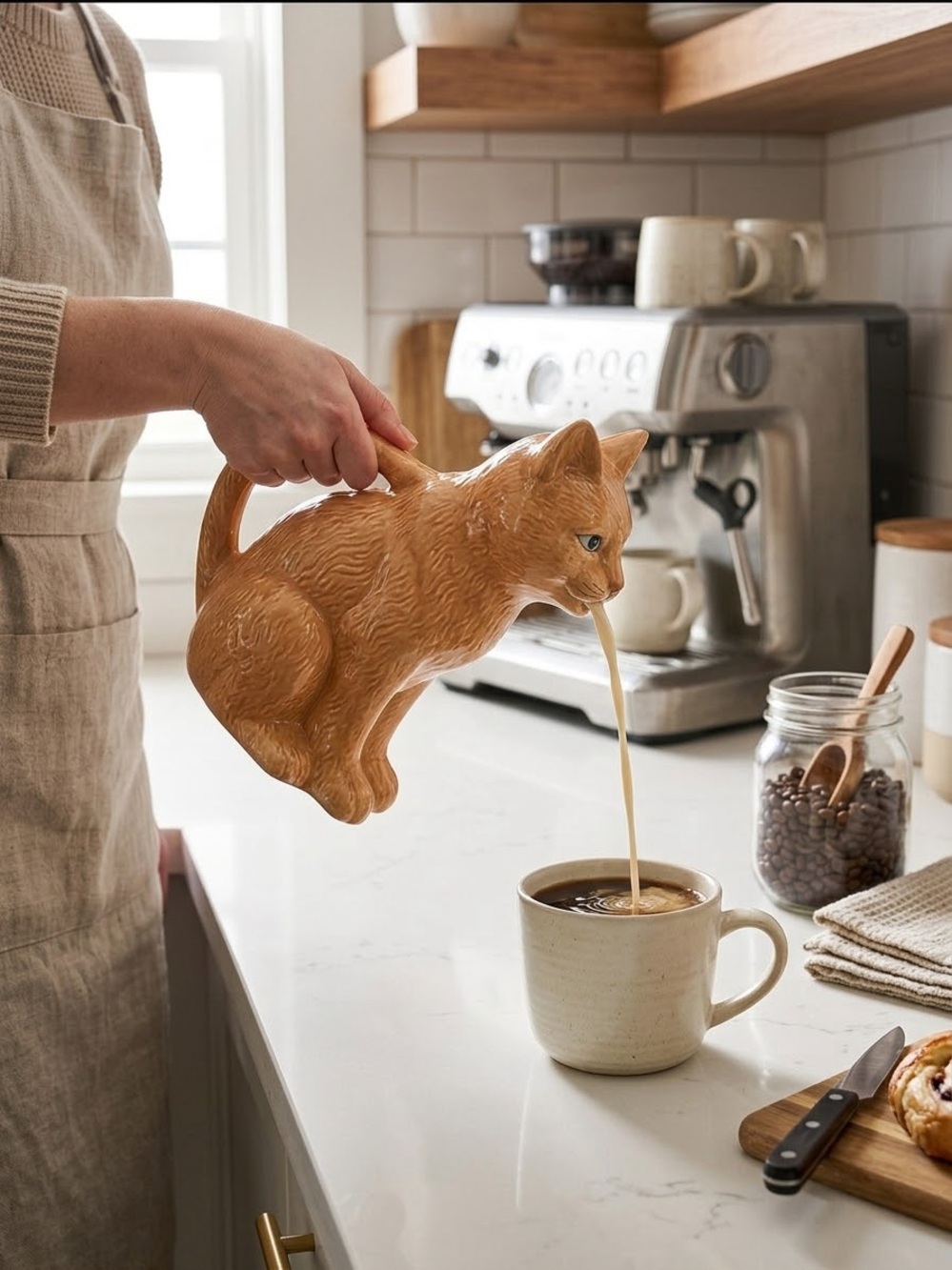 Orange Tabby Cat Ceramic Pitcher, Potters Studio Handcrafted Figural Cat